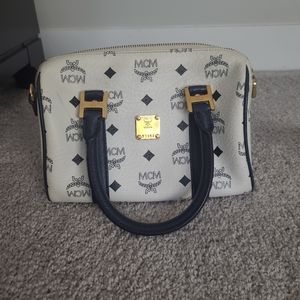MCM Handbag White and Blue Monogram Gold Detail